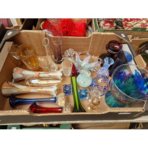 683 - Four boxes of coloured and clear glassware including decanters, glasses, vases etc by Caithness, Wat... 