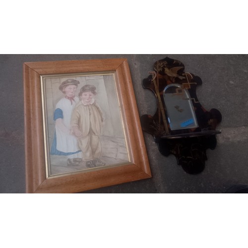 373 - A box of assorted pictures including Oriental and an Aesthetic wall hanging mirror.