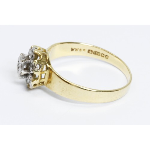 208 - A hallmarked 18ct gold diamond cluster ring, gross weight 2.5g, size N.