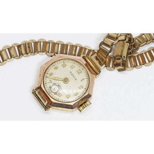 225 - A ladies 9ct gold Royce wristwatch, gold plated strap.