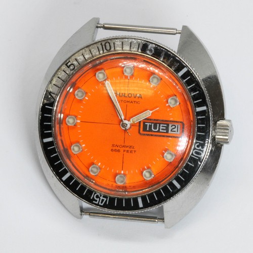 237 - A Bulova Snorkel 666 feet stainless steel diver's watch, circa 1960s, case width 40mm, signed orange... 