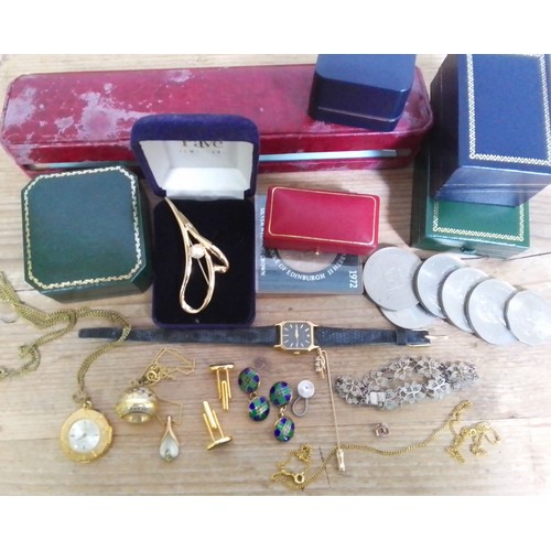 354 - A box of assorted costume jewellery including a pair of hallmarked silver gilt and enamel cufflinks,... 