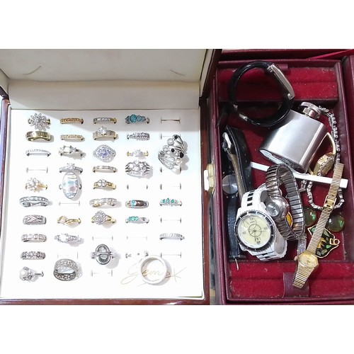 370 - A box of assorted costume rings and a box of costume jewellery and watches, fourteen rings marked '9... 