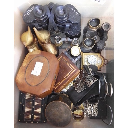 459 - A box of assorted items including a novelty clock modelled as a cannon and signed Hermin, thimbles, ... 