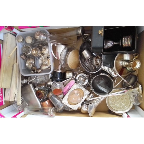 456 - A box of assorted hallmarked silver and silver plate including silver mounted glass ware, bone fans ... 