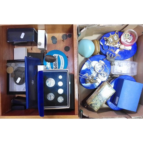 460 - Two boxes of assorted items including a silver proof coin set, watches, etc. etc.