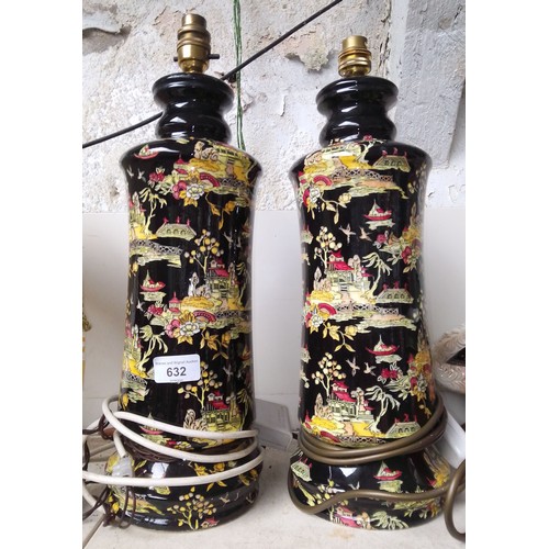 632 - Pair of Royal Winton Grimwades black and yellow Chinese style table lamps