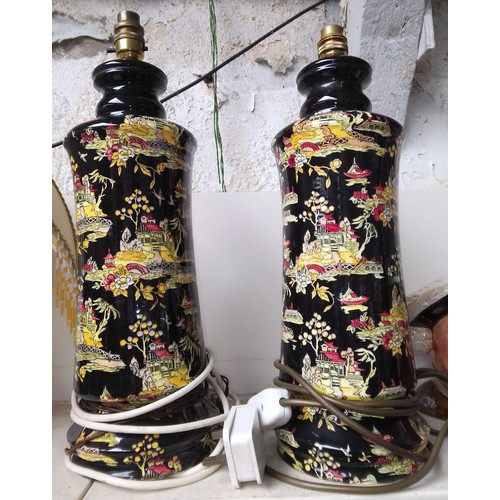 632 - Pair of Royal Winton Grimwades black and yellow Chinese style table lamps