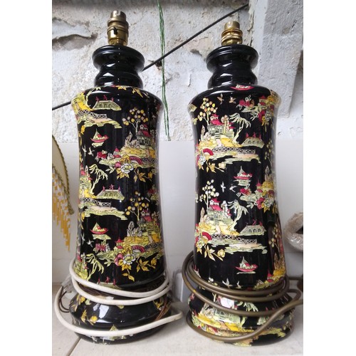 632 - Pair of Royal Winton Grimwades black and yellow Chinese style table lamps