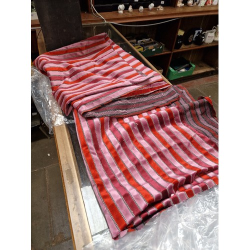 321 - A pair of heavy velvet curtains, some material suitable for upholstery & a vintage bedspread.