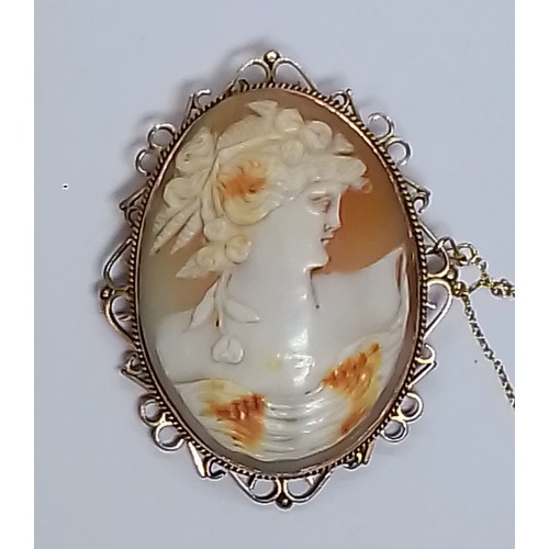 489 - A carved shell cameo brooch, 46mm x 58mm, marked '9ct', gross weight 19.3g.