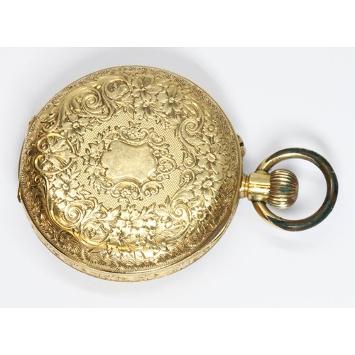 496 - An 18ct gold open faced pocket watch, diameter 37mm, gross weight 43.8g.