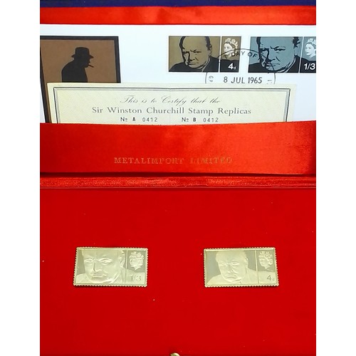 521 - A pair of hallmarked 18ct gold Winston Churchill stamp replicas, gross weight 40.1g, boxed with cert... 