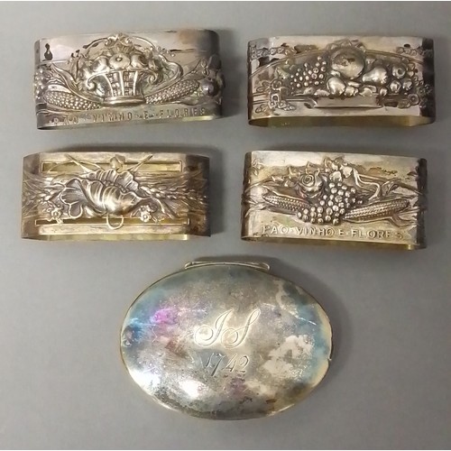 523 - A set of four Portuguese Art Nouveau style silver serviette rings and an 18th century snuff box.