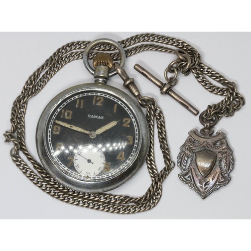 517 - A WWI Damas pocket watch with white metal Albert chain with hallmarked silver T bar and fob.