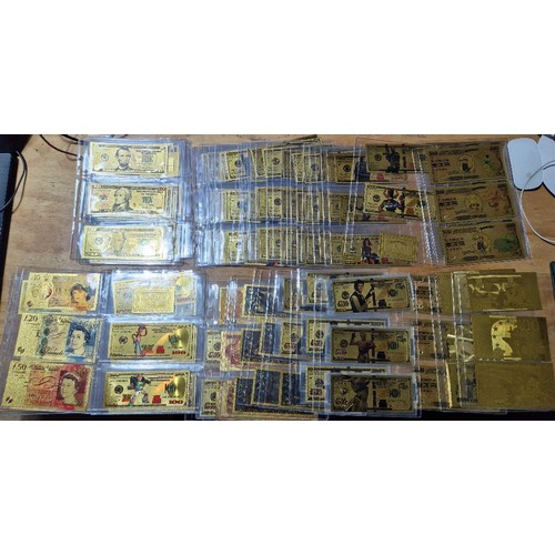 595 - A large collection of gold banknotes/Commemoratives, some marked 24K gold to include GBP, USA, Euros... 