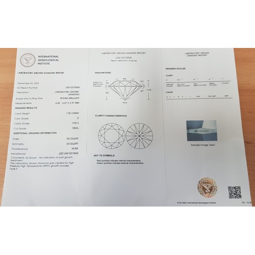 466 - A lab grown diamond solitaire, the round brilliant cut stone weighing 1.02 carats, colour D, clarity... 