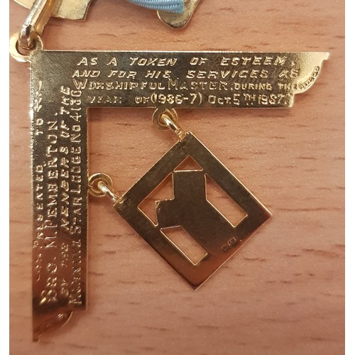 511 - A Masonic jewel, the set square hallmarked 9ct gold with drop indistinctly marked '18', the enamelle... 