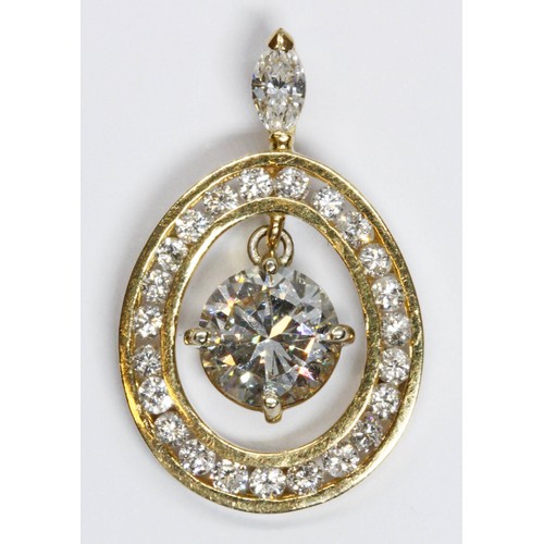 100D - A diamond pendant, the central round brilliant cut stone weighing approximately 1.51 carats, surroun... 