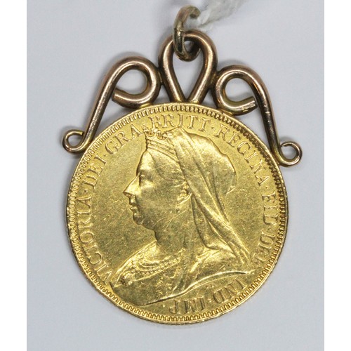 100I - A Victoria 1893 two pound coin, yellow metal pendant mount, unmarked, gross weight 18.4g.