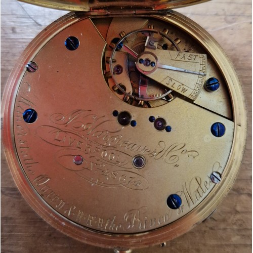 200A - An 18ct gold open faced pocket watch, the white enamel dial signed 'J. Hargreaves & Co Liverpool', c... 