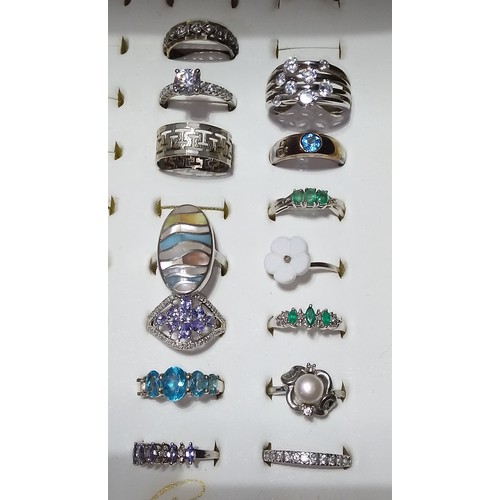 370 - A box of assorted costume rings and a box of costume jewellery and watches, fourteen rings marked '9... 