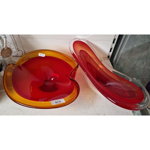 573 - Art glass - two pieces of studio glass, one in graduated red cased in clear glass approx 38cm long a... 