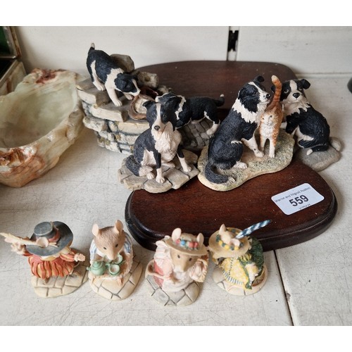 559 - Four Border Fine Arts sheepdog ornaments and four small Bramley Hedge figures