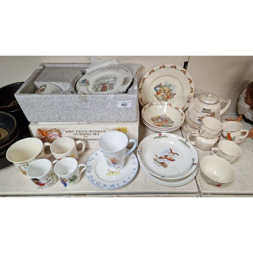 567 - Mrs Tiggy Winkle nursery set by Wedgwood (boxed), 15 piece tea set decorated with nursery rhymes and... 