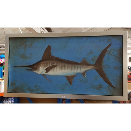 777 - Joe Black (American, 20th/21st century), oil on canvas depicting a marlin, 131cm x 65cm, signed to l... 