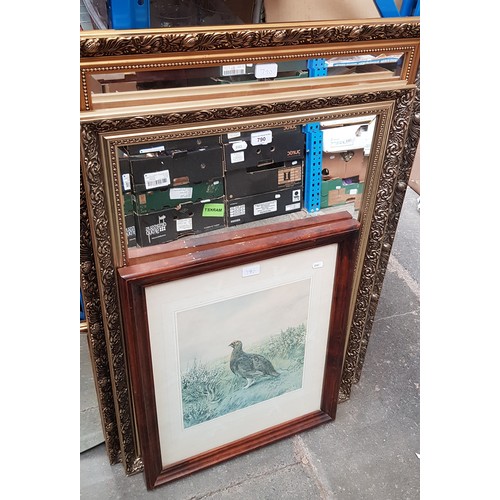 790 - Two gilt framed mirrors and a framed print of a grouse.