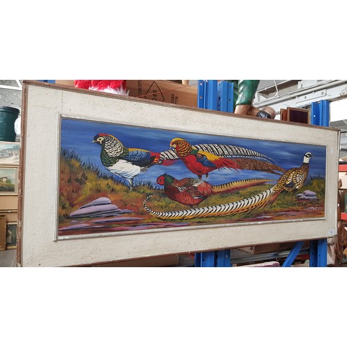 791 - 20th century school, oil on board, pheasants, signed 'J E RIXSON' to lower right, framed, 128cm x 50... 