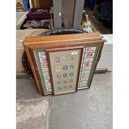 136 - Six framed sets of cigarette cards together with an early 20th century framed photographic print.