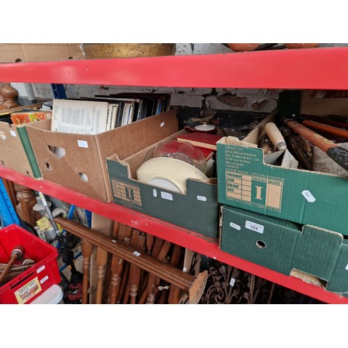 164 - Six boxes of assorted items including records, tools, books etc.