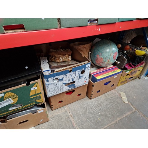 170 - Four boxes of assorted household items including a terrestial globe, books electricals etc.