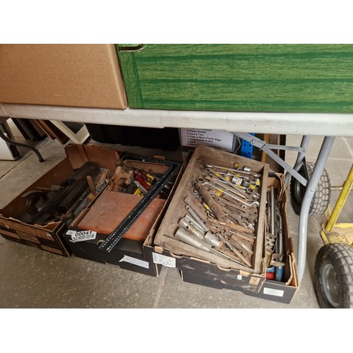 234 - Five boxes of engineer's and carpenter's hand tools including planes, spanners, hand drills, bending... 