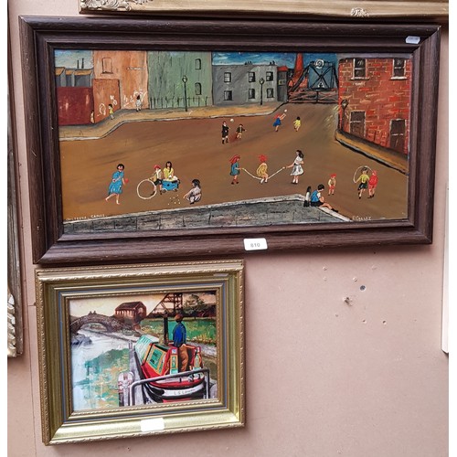 810 - A 20th century school oil on board, 'Children's Games', 59cm x 29cm, signed 'F Colley', together wit... 