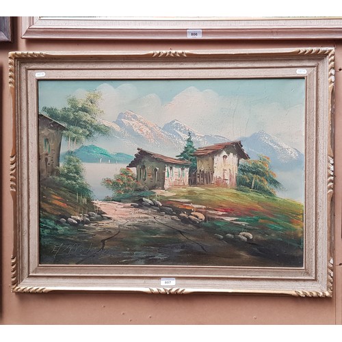 807 - 20th century school, oil on canvas, landscape scene, 69cm x 48.5cm, indistinctly signed, framed 84cm... 