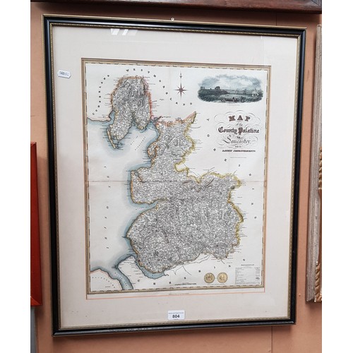 804 - A 19th century hand coloured map of lancashire by E Baines 1824, framed and glazed, 55.5cm x 67cm.