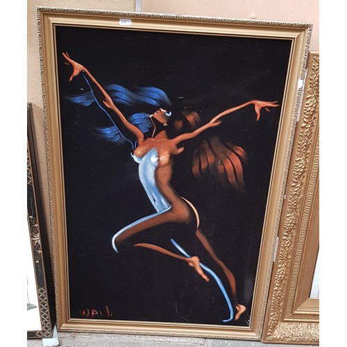 802 - Painting on velvet, female nude, signed 'WAN' to lower left, framed, 57cm x 82.5cm (overall).