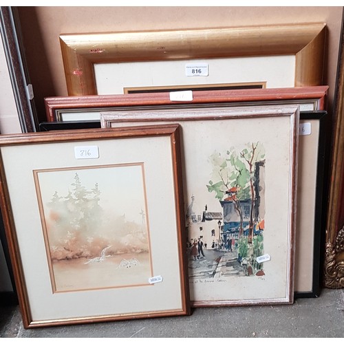 816 - A mixed lot of pictures comprising two watercolours signed C Didsbury, two coloured etchings after H... 