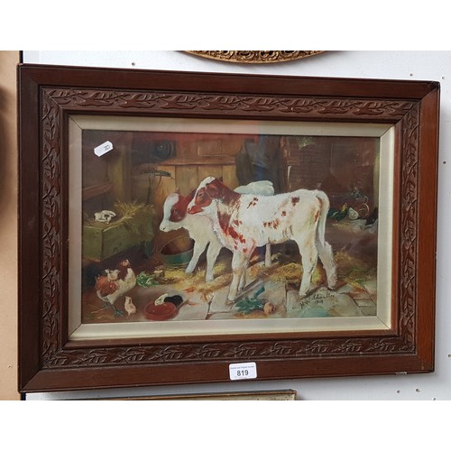 819 - Early 20th century school, oil on board, calves and chickens, signed 'H W Charlton, 1908'.