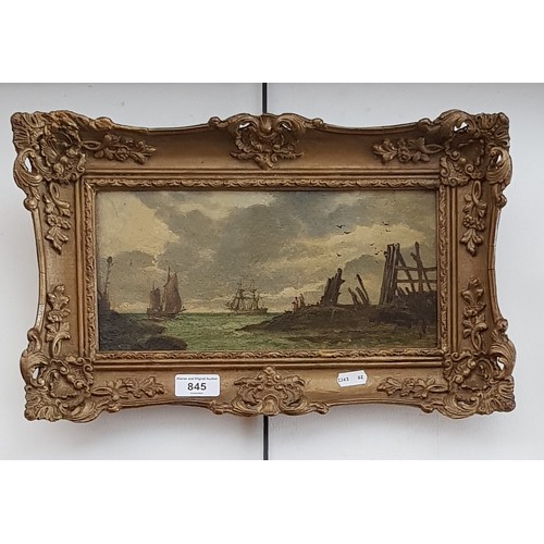 845 - 19th century school, oil on board, coastal scene with boats, 29.5cm x 13.5cm, framed, 41.5cm x 26cm.