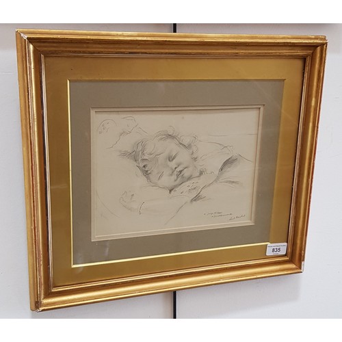 835 - Late 19th/early 20th century school, pencil study of a sleeping child, 25.5cm x 18.5cm, signed 'Robe... 