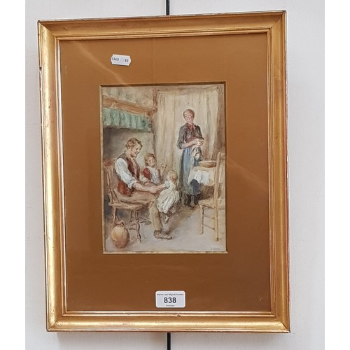 838 - Joseph Clark (British, 1834-1926), watercolour, interior scene with woman, man and children, 15.5cm ... 