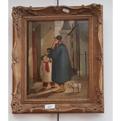 837 - 19th century school, oil on board, piper with child and dog, 24cm x 30.5cm, signed 'Sir D Erskine' t... 