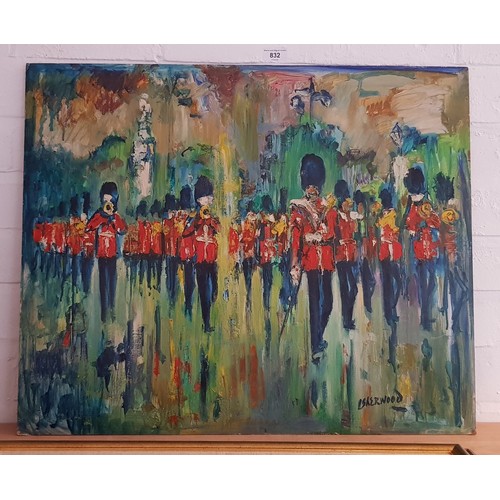 832 - James Lawrence Isherwood (1917-1989), 'Queen's Guards', oil on board, 68cm x 55.5cm, signed to lower... 