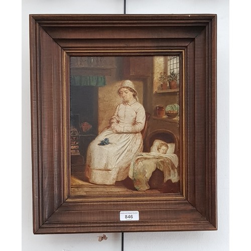 846 - 19th century school, oil on board, 'A Siesta', interior scene with woman and child sleeping, 22.5cm ... 