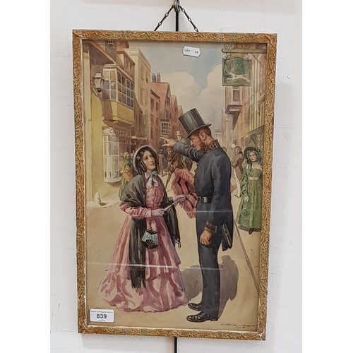 839 - Enoch Fairhurst (British, 1874-1945), street scene with woman and policeman, 27cm x 45cm, signed 'E ... 