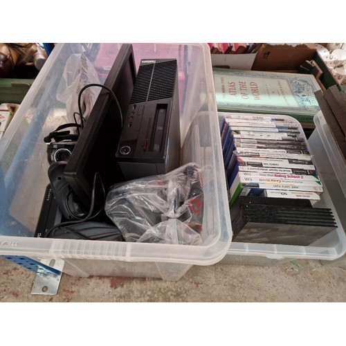 320 - Two boxes of electronics including home PC and gaming accessories, PS2, Wii games, PC games, Playsta... 